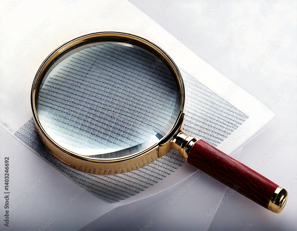 magnifying glass zooming on paper, white background magnifying glass zooming on paper, white background