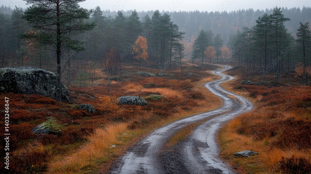 Winding road through autumn forest. Foggy, moody landscape with evergreens and colorful ground cover