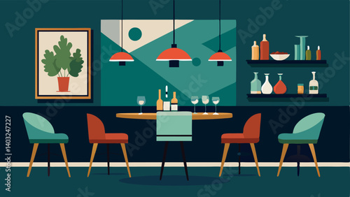 A sophisticated dining room with a statement art piece above a velvet bench and a stylish bar cart.