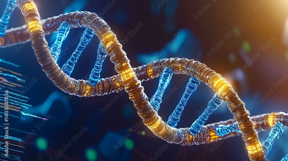 Close Up View of Glowing DNA Double Helix Structure on a Dark Background Representing Genetic Innovation Close Up View of Glowing DNA Double Helix Structure on a Dark Background Representing Genetic Innovation