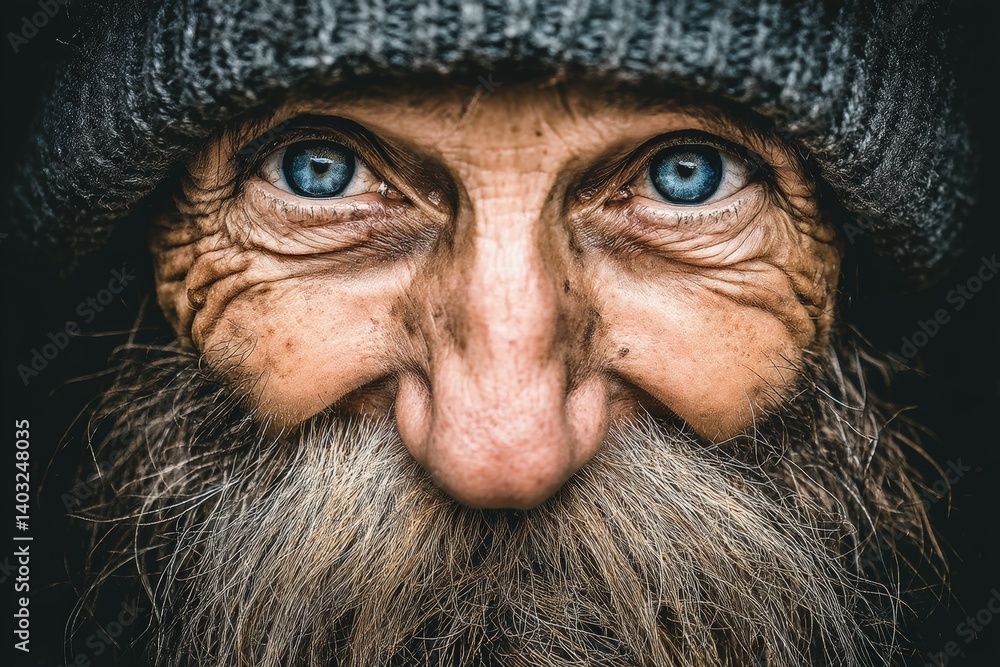 Street portrait of an older man with blue eyes and a beard urban setting close-up photography emotional expression Street portrait of an older man with blue eyes and a beard urban setting close-up photography emotional expression
