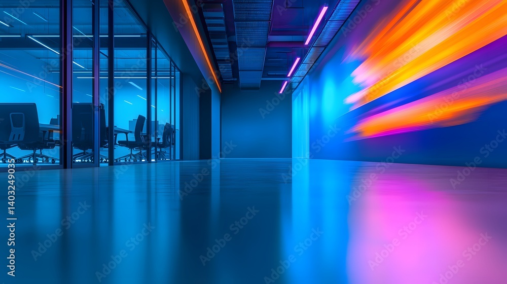 Modern Office Interior Featuring Neon Lighting and Reflections in a Futuristic Workspace