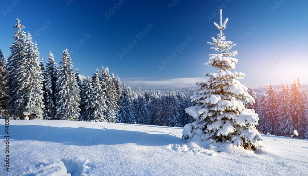 Christmas tree in beautiful snowy winter landscape Christmas tree in beautiful snowy winter landscape