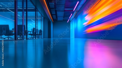 Obraz na płótnie Modern Office Interior Featuring Neon Lighting and Reflections in a Futuristic Workspace w salonie