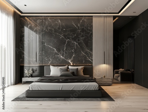 A modern and luxurious bedroom interior with sophisticated dark tones