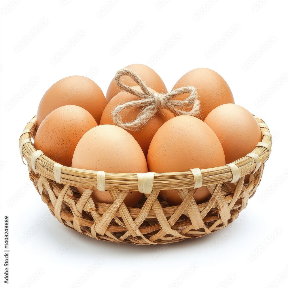 A rustic basket brimming with farm-fresh eggs, tied with a simple twine bow, evokes feelings of wholesomeness and springtime freshness in soft, natural light. A rustic basket brimming with farm-fresh eggs, tied with a simple twine bow, evokes feelings of wholesomeness and springtime freshness in soft, natural light.
