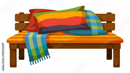 A rustic wooden bench covered in brightly colored throw blankets and cushions.
