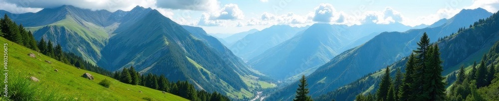 Obraz premium Majestic peaks, serene valleys, lush greenery, landscape, cold