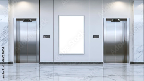 Empty steel elevator doors open in a modern building's light-filled office corridor