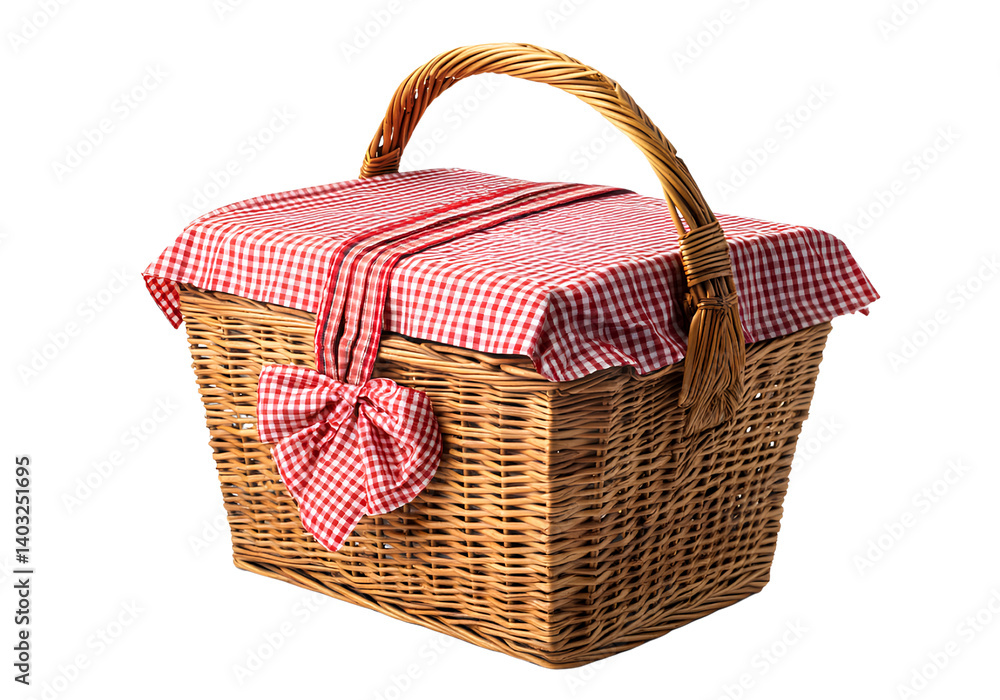 Wicker picnic basket with red gingham ribbon, isolated on a transparent background png Wicker picnic basket with red gingham ribbon, isolated on a transparent background png
