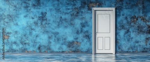 Obraz na płótnie White door against a blue textured wall. Reflections on the floor add to the room's eerie atmosphere w salonie