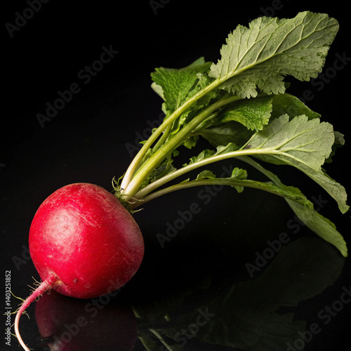 red radish with leaves on black background