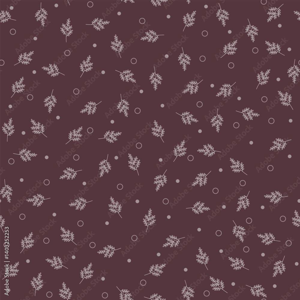 Small delicate twigs on a chocolate-colored background. Seamless pattern. Floral background for paper, cover, textile, gift wrap, wallpaper. Small delicate twigs on a chocolate-colored background. Seamless pattern. Floral background for paper, cover, textile, gift wrap, wallpaper.