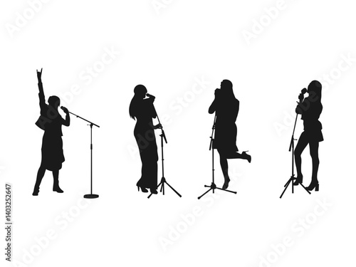 Female singing silhouette. woman singer silhouette, male-female singing on mic, singer singing silhouette. Girls singing with a microphone on the stage. silhouette isolated on a white background.