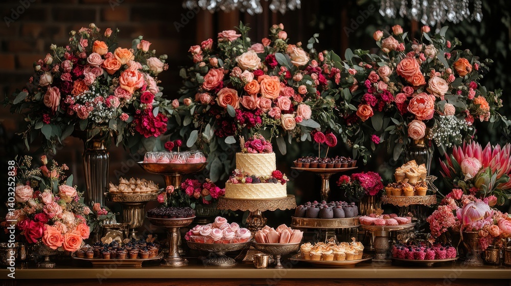 Fototapeta premium Lavish Wedding Dessert Table with Abundant Flowers