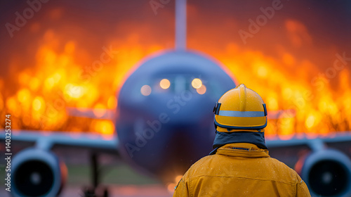 Firefighter views burning airplane. Generative AI