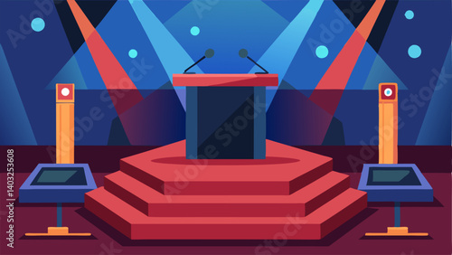 A sleek podium stood at the center of the stage equipped with microphones and a control panel.