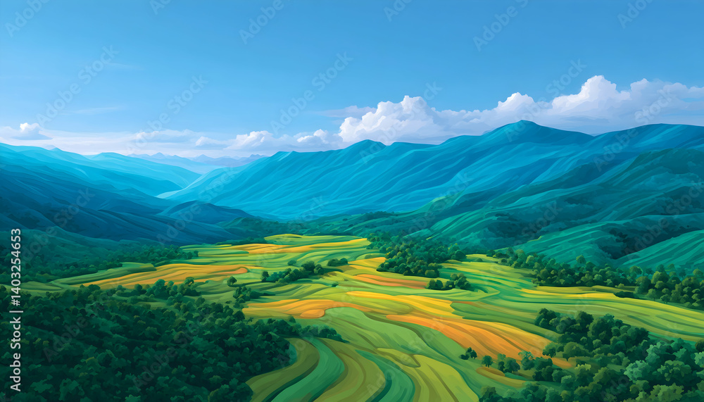 Naklejka premium Lush green valley nestled between vibrant blue mountains under a bright sky. Generative AI