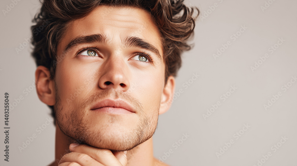 Obraz premium The Contemplative Gaze: A young man with a thoughtful expression gazes upwards, lost in contemplation. His handsome features, defined by his short beard and wavy hair.