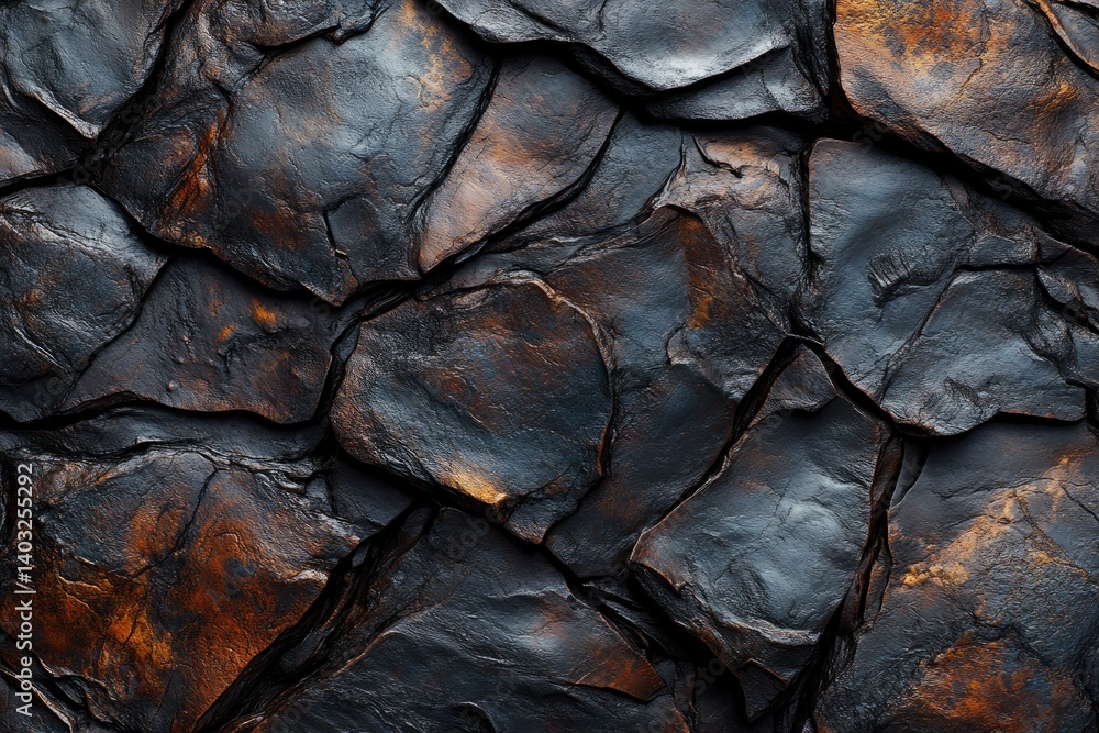 Dark, textured rock formation with metallic sheen, showing angular segments and cracks