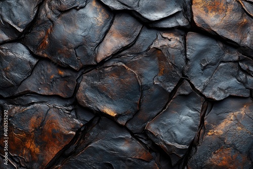 Obraz na płótnie Dark, textured rock formation with metallic sheen, showing angular segments and cracks w salonie