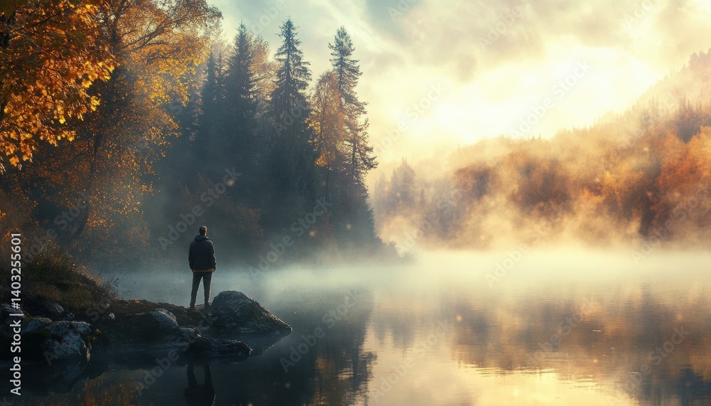 Misty autumn morning at the riverbank, featuring a solitary figure. Misty autumn morning at the riverbank, featuring a solitary figure.