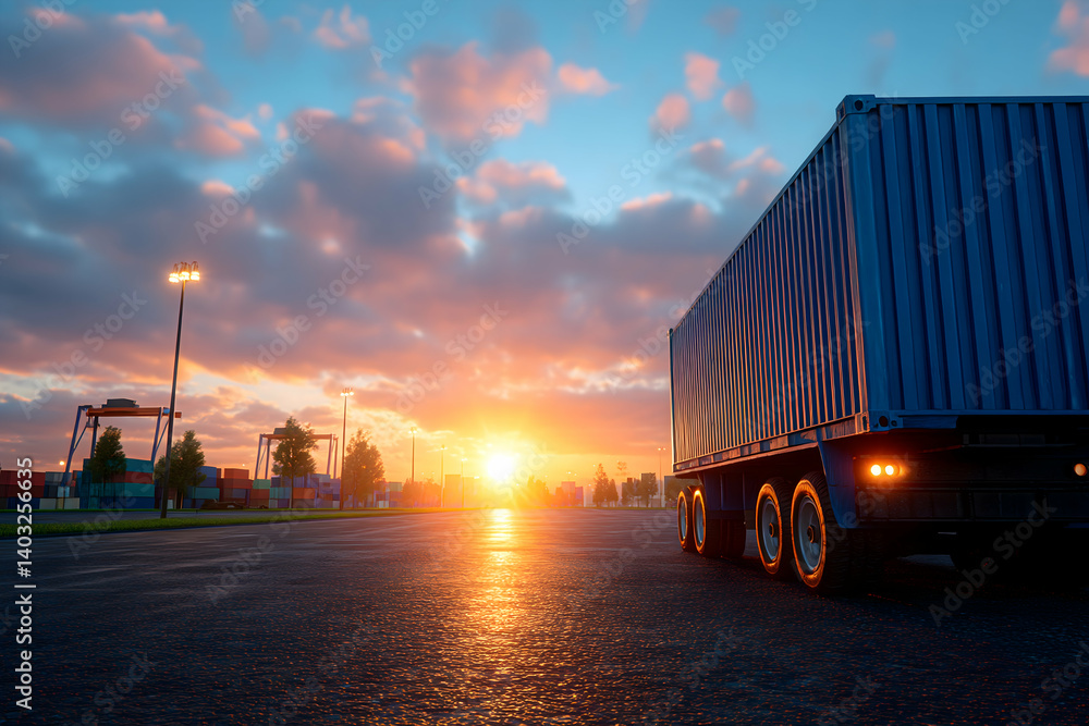 Obraz premium Sunset view of a large cargo truck at a shipping port. Generative AI