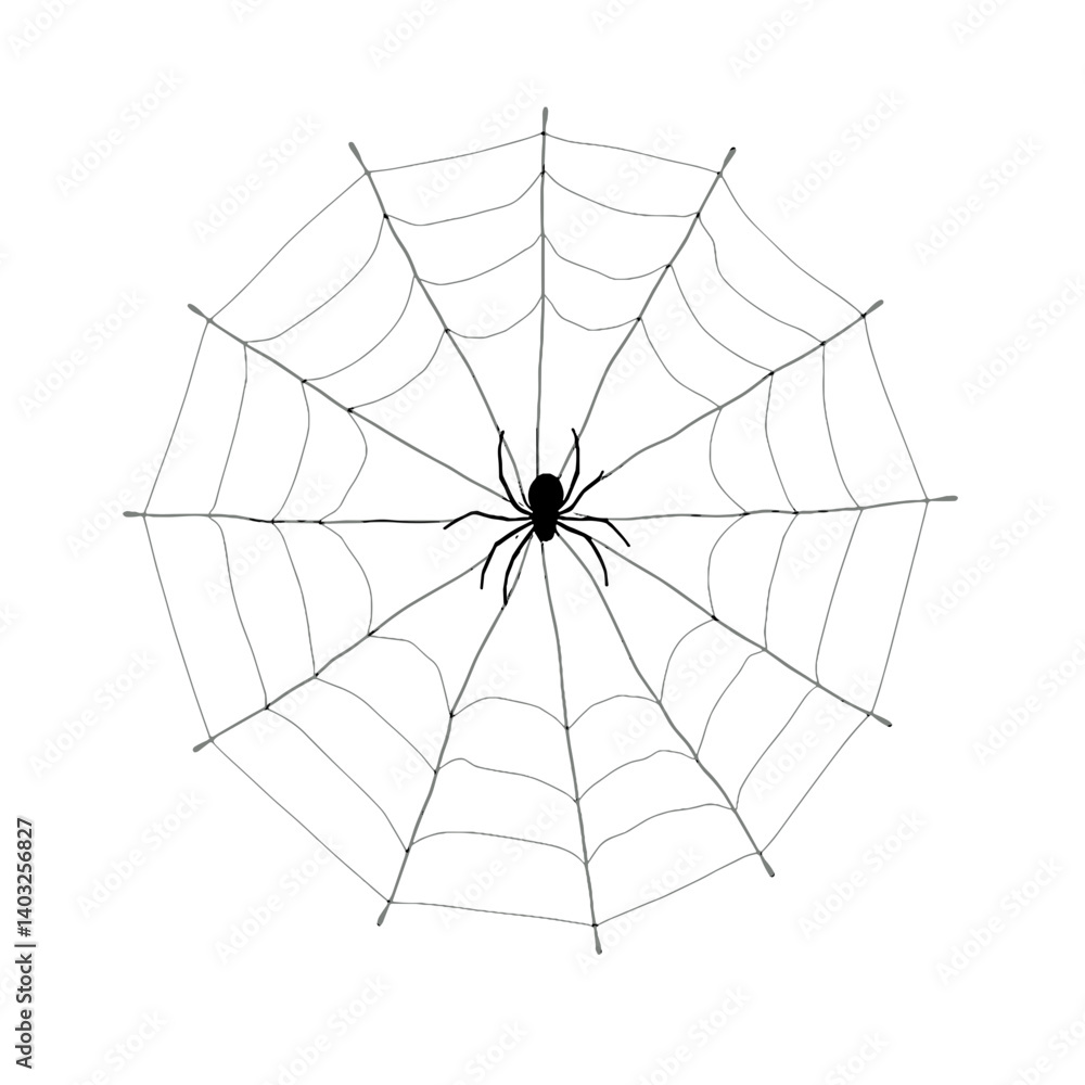 Fototapeta premium Spider on Web Halloween Black and White Illustration