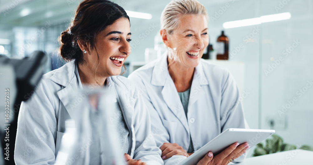 Research, science and women with tablet, smile and medical innovation with cure development. Happy people, scientist and collaboration with biotech, email for funding and test results for experiment Research, science and women with tablet, smile and medical innovation with cure development. Happy people, scientist and collaboration with biotech, email for funding and test results for experiment