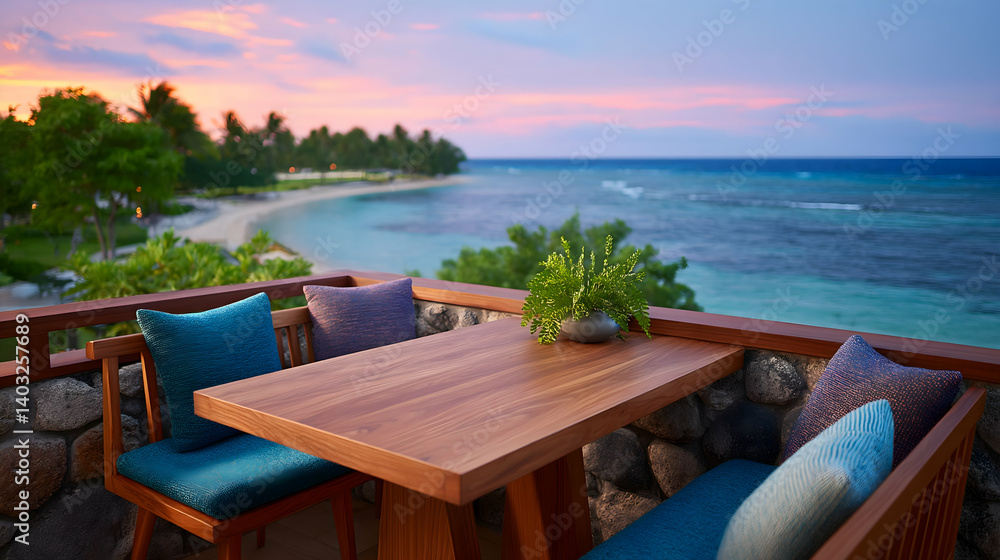 Oceanfront patio table with sunset view. Generative AI Oceanfront patio table with sunset view. Generative AI