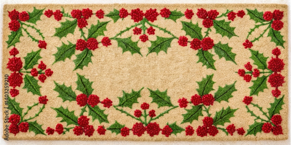 A beautifully designed holiday doormat with a merry red and green color scheme, featuring holly leaves and berries, against a white or cream-colored background , cheerful, red and green A beautifully designed holiday doormat with a merry red and green color scheme, featuring holly leaves and berries, against a white or cream-colored background , cheerful, red and green
