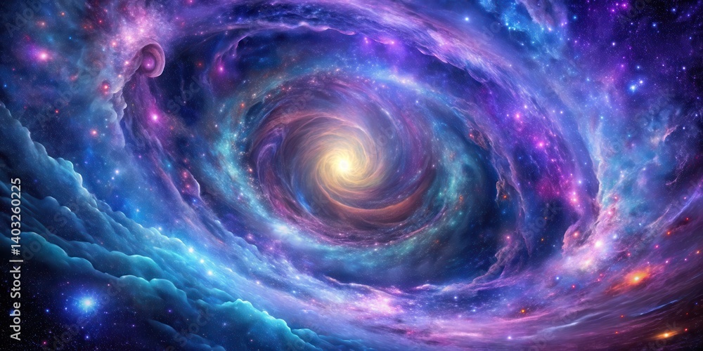 Intricate patterns of stars and galaxies in a swirling vortex of purple and blue hues Intricate patterns of stars and galaxies in a swirling vortex of purple and blue hues