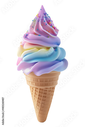 Colorful Ice Cream Soft Serve in Pastel Style against a white background Featuring cone with Sprinkles in Pastel Colors and Artificial Style, and ice cream in pastel colors on a white background

