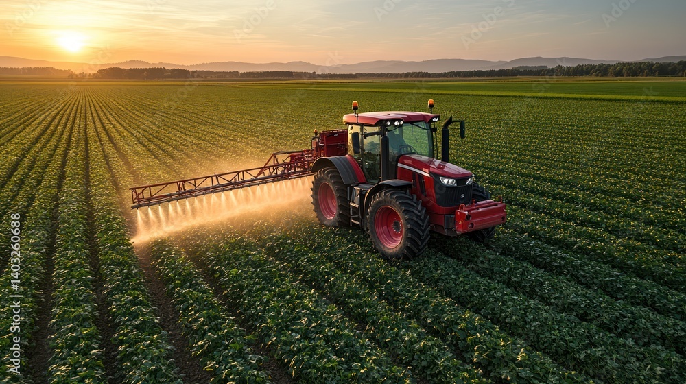 Fototapeta premium Red tractor spraying crops at sunset in a vast agricultural field.