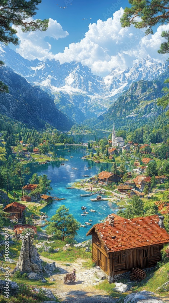 Serene mountain valley view with village nestled by a lake, with snowy peaks in background