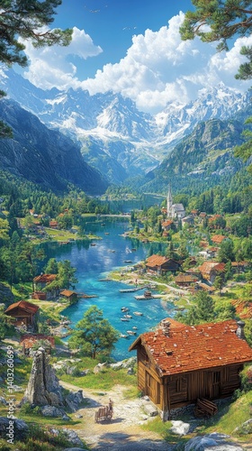 Obraz na płótnie Serene mountain valley view with village nestled by a lake, with snowy peaks in background w salonie