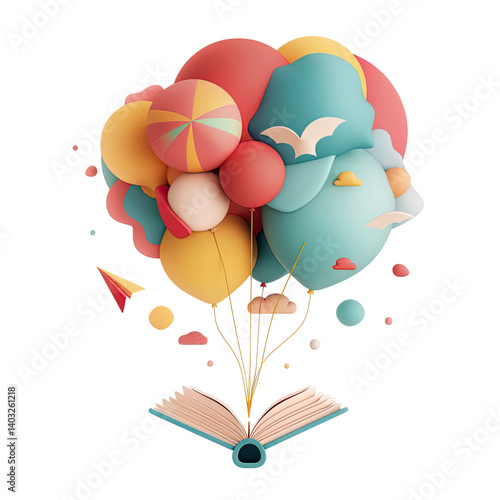 A colorful illustration of balloons rising from an open book, symbolizing creativity. isolated on transparent background Generative Ai.