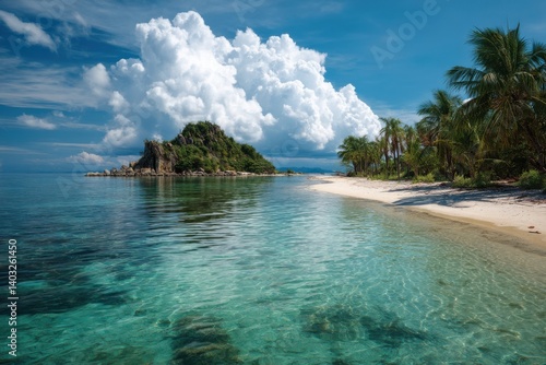 Tropical island paradise  white sand beach  turquoise water  palm trees  and a dramatic sky.