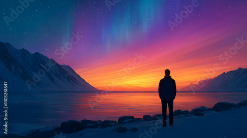 Solitary figure silhouetted against a vibrant aurora borealis over snow-capped mountains and a calm lake at sunset. Generative AI