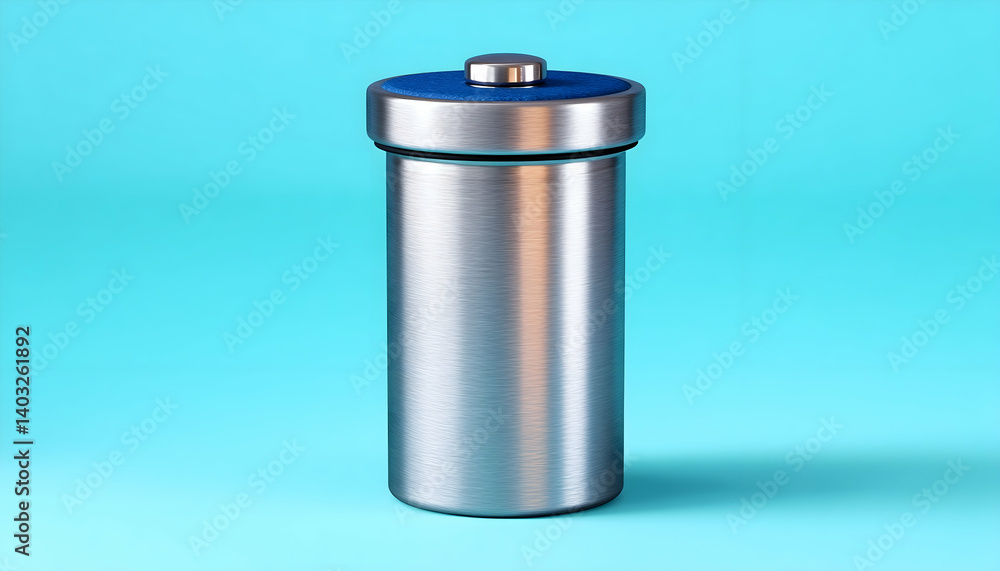 Stainless steel container with blue lid on light blue background. Generative AI Stainless steel container with blue lid on light blue background. Generative AI