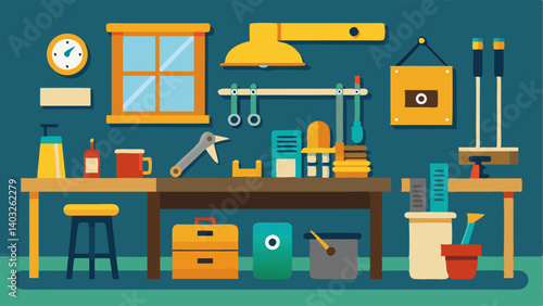 A workshop area complete with workbenches and tools for building and repairing objects.
