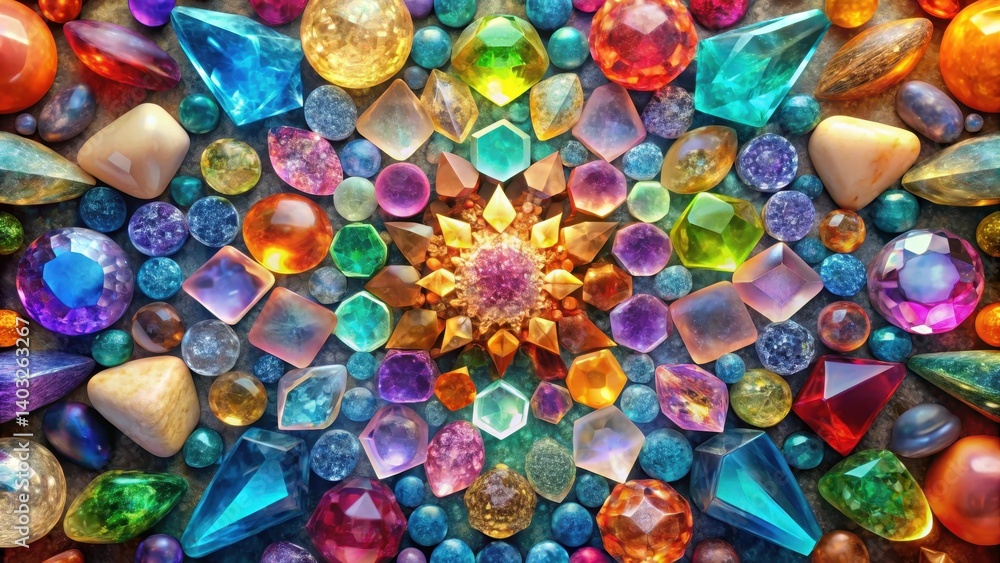 A vibrant collection of gemstones and crystals placed in a precise geometric pattern, reflecting light and highlighting their intricate details , colors, geometry A vibrant collection of gemstones and crystals placed in a precise geometric pattern, reflecting light and highlighting their intricate details , colors, geometry