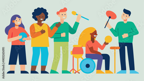 Inclusive Music Jam Session An illustration of a diverse group of volunteers making music together with instruments modified for different abilities capturing a joyful atmosphere.
