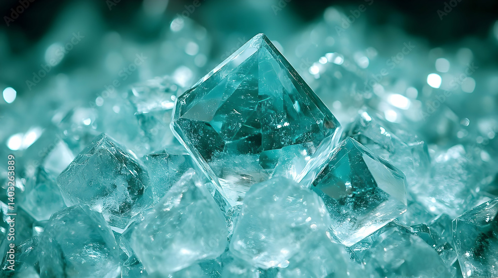 Close-up of sparkling aqua crystals piled together, reflecting light with a soft background glow Close-up of sparkling aqua crystals piled together, reflecting light with a soft background glow
