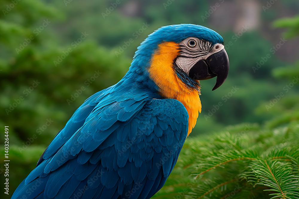 Obraz premium Vibrant blue and gold macaw perched amidst lush green foliage. Generative AI