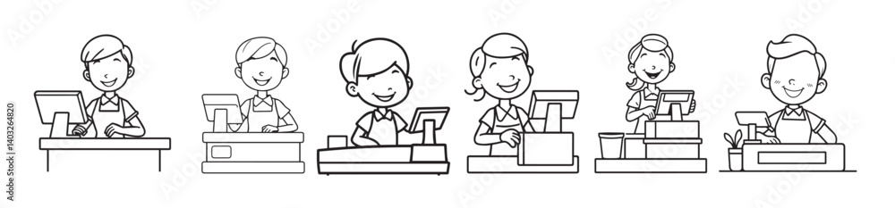 Set of Black and White Illustrations Of Cashiers Working at Counters Set of Black and White Illustrations Of Cashiers Working at Counters