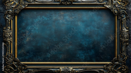 Antique dark teal picture frame with ornate gold trim.