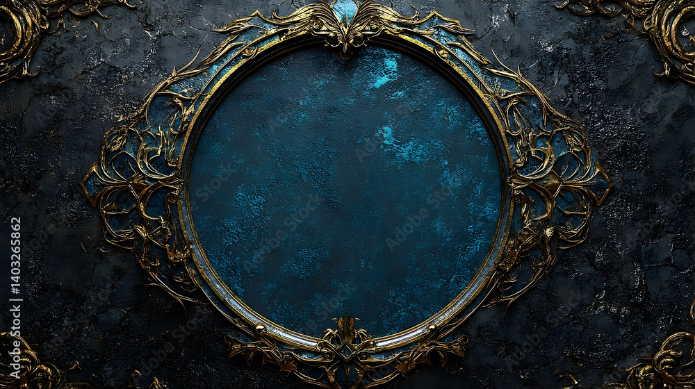 Obraz premium Ornate gold-framed circular design on dark textured background.