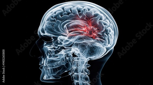 Side view X-ray image of a human skull showing a highlighted red area in the brain, indicating a stroke or brain injury.
