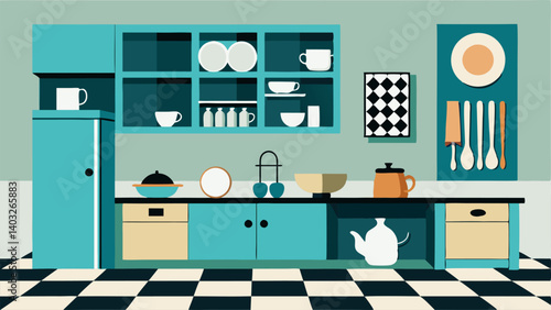 A retro kitchen with pastel blue cabinets a black and white checkered floor and a collection of mismatched vintage plates and glasses on display.